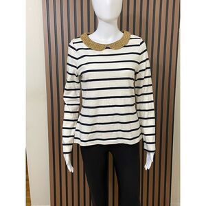 Boden Women's 8 White Sweater Cotton Knit Classic Striped Peter Pan Collared